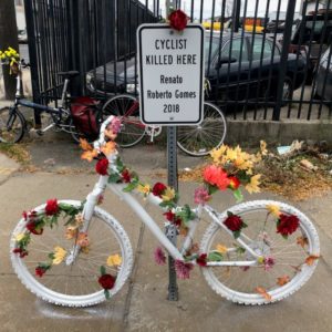 A ghost bike in Newark in memory of a cyclist who was killed